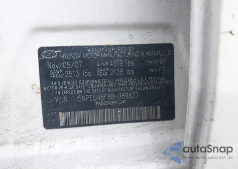 2008 Hyundai Sonata Limited V6/Se V6 z USA, uszkodzony, nr VIN 5NPEU46F88H389837